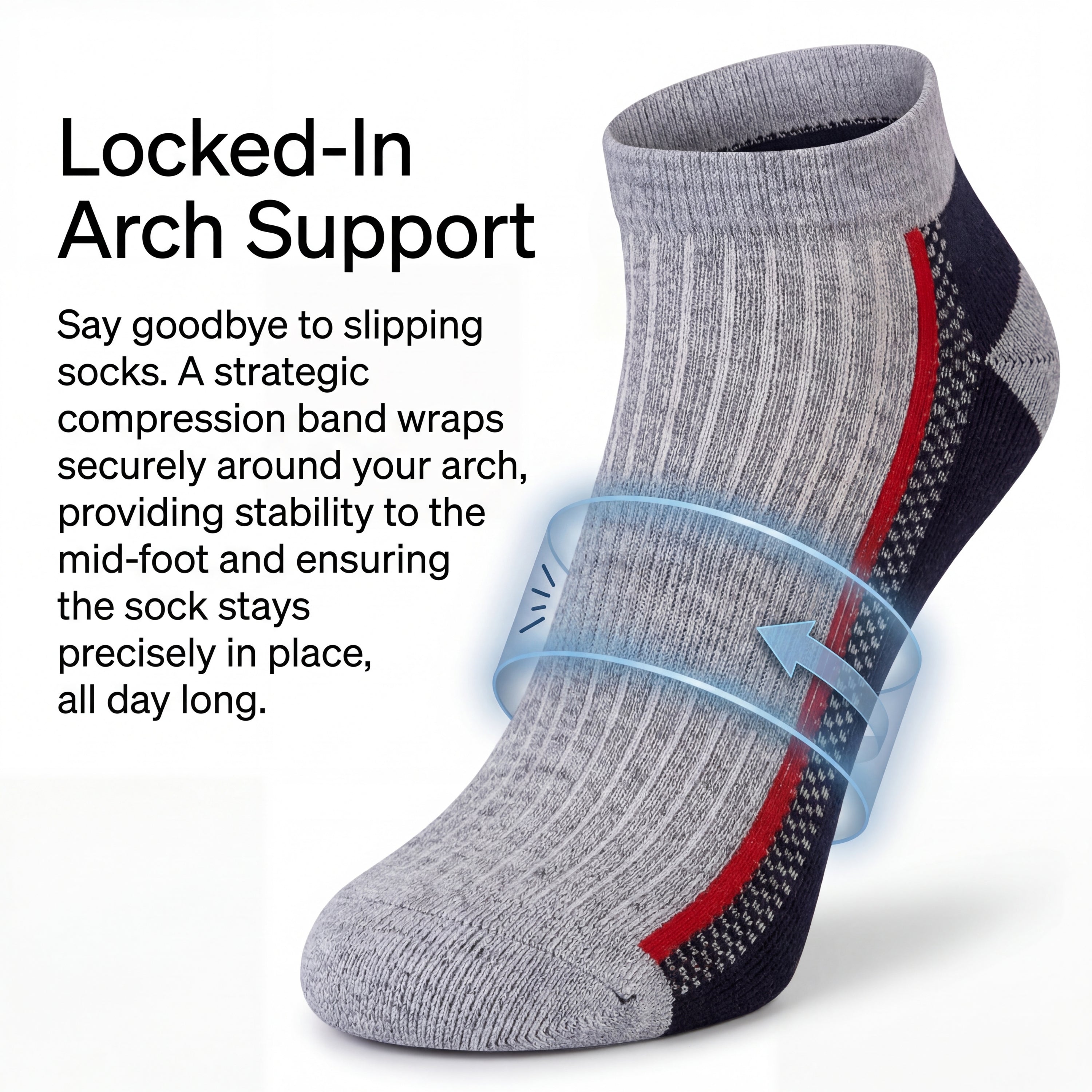 Gray sock with compression band on a white background, highlighting arch support feature.