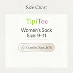A size chart graphic for TipiToe Women's Sock, indicating size 9-11 and noting Comfort Stretch Fit.