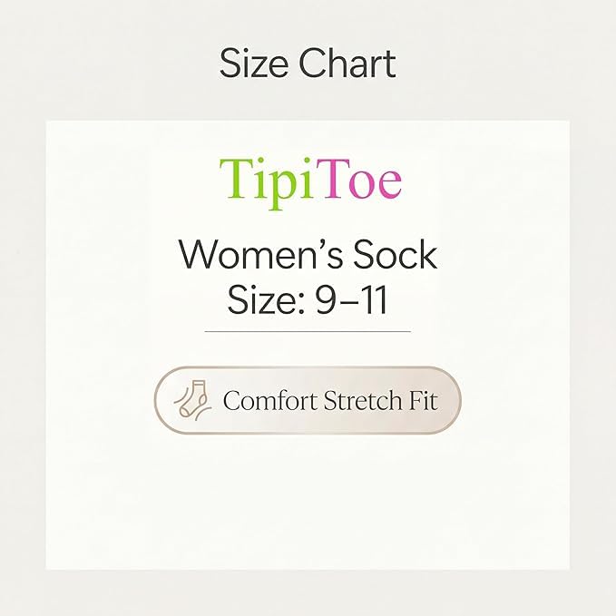 A size chart graphic for TipiToe Women's Sock, indicating size 9-11 and noting Comfort Stretch Fit.