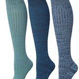 Tipi Toe Women's 3-Pairs Ribbed Cable Knit Blue Oceanic Gradient Harmony Pattern Knee High Wool-Blend Boot Socks