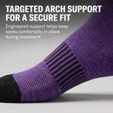 A single purple athletic sock with black striped arch support and a black toe cap, shown against a light gray background with promotional text about targeted arch support.