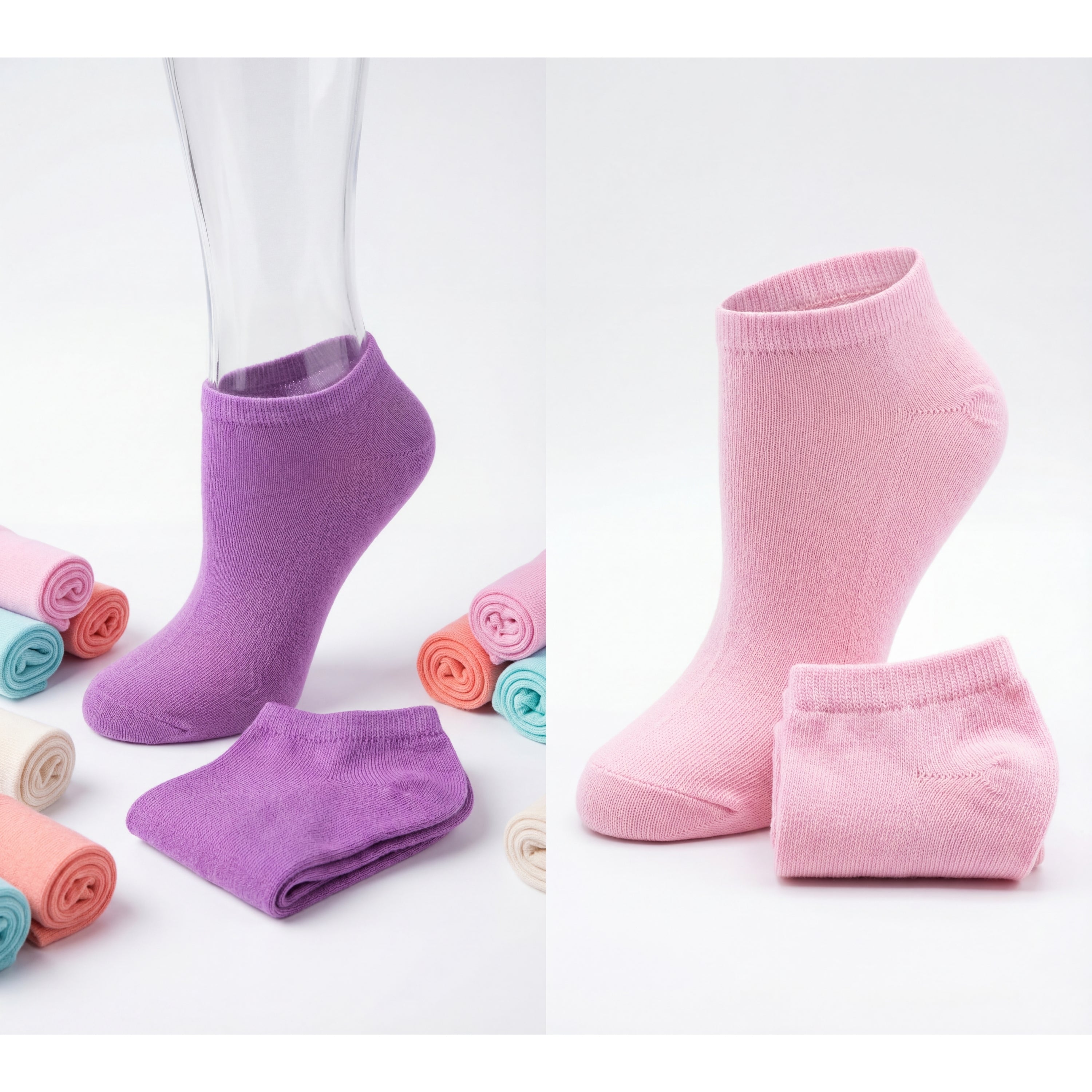 Purple and pink socks on a white background with rolled-up socks in the foreground.