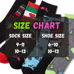 A size chart graphic overlaid on a fan of patterned socks. The text reads 'SIZE CHART' with 'SOCK SIZE 9-11 10-13' on the left and 'SHOE SIZE 6-10 10-13' on the right.