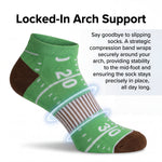 Green ankle sock with brown accents and text about locked-in arch support on a white background