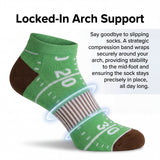 Green ankle sock with brown accents and text about locked-in arch support on a white background