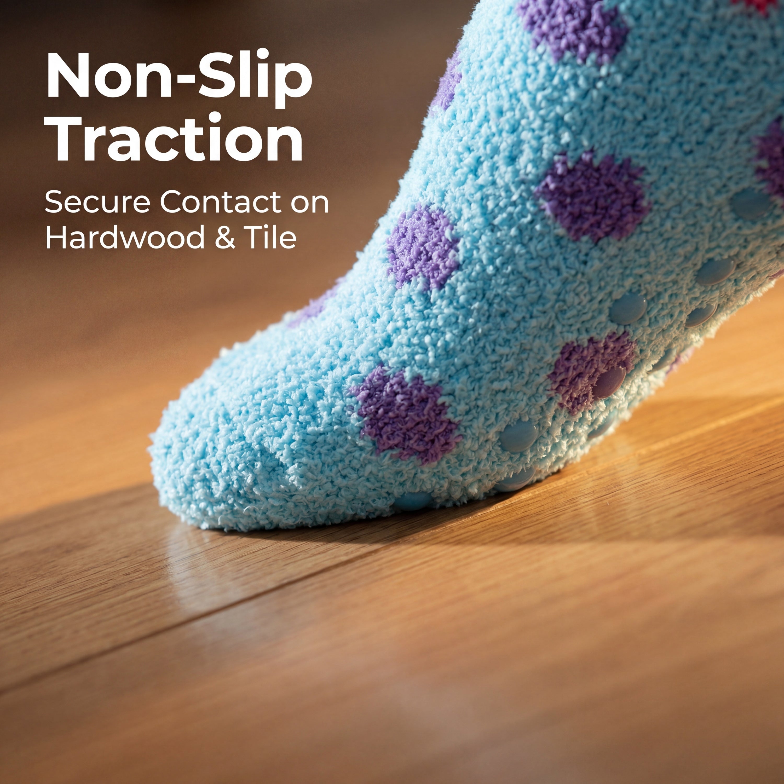 Blue sock with purple dots on a wooden floor, promoting non-slip traction.