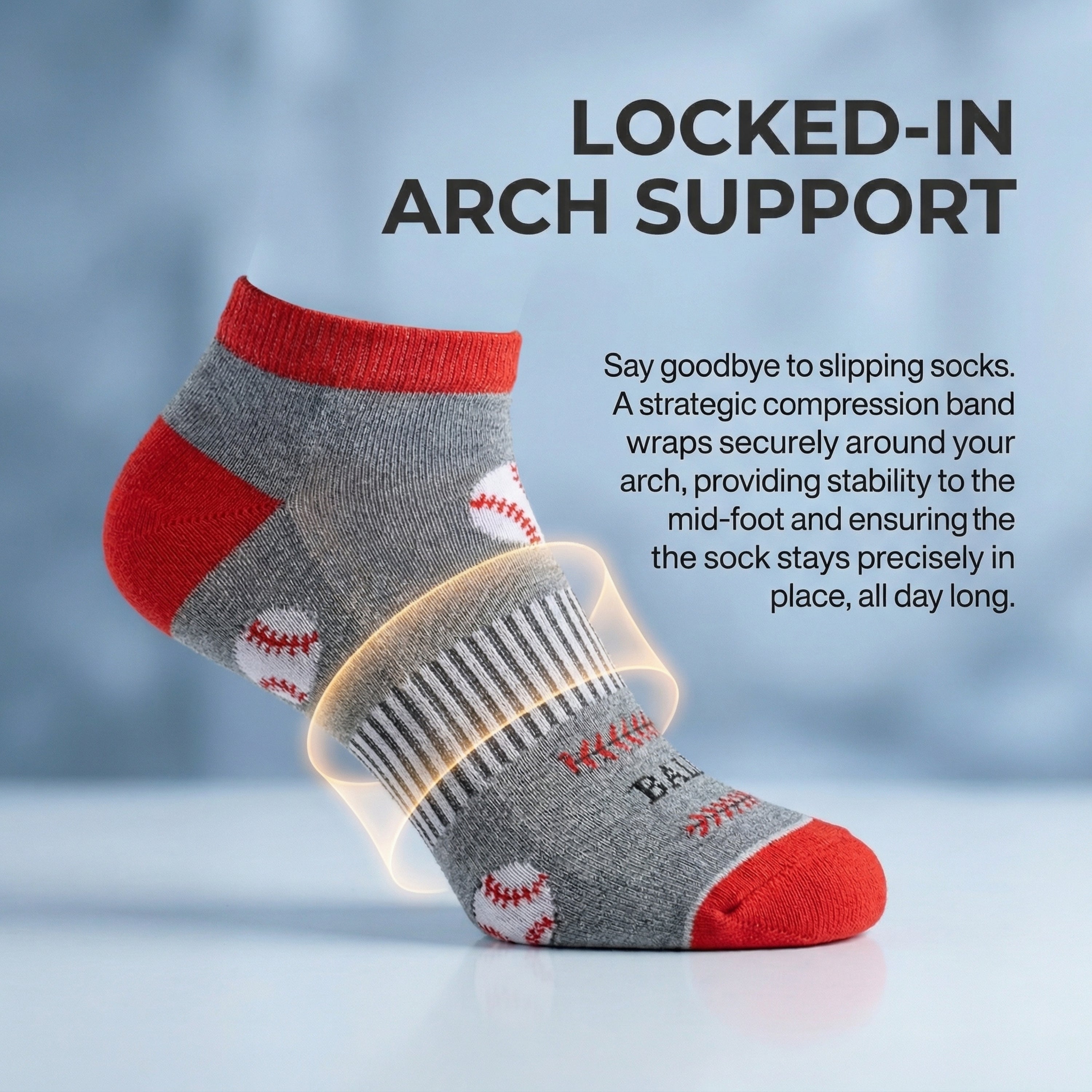 Gray and red sock with text about arch support on a light blue background