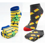 Two pairs of socks with cartoon designs on a white background