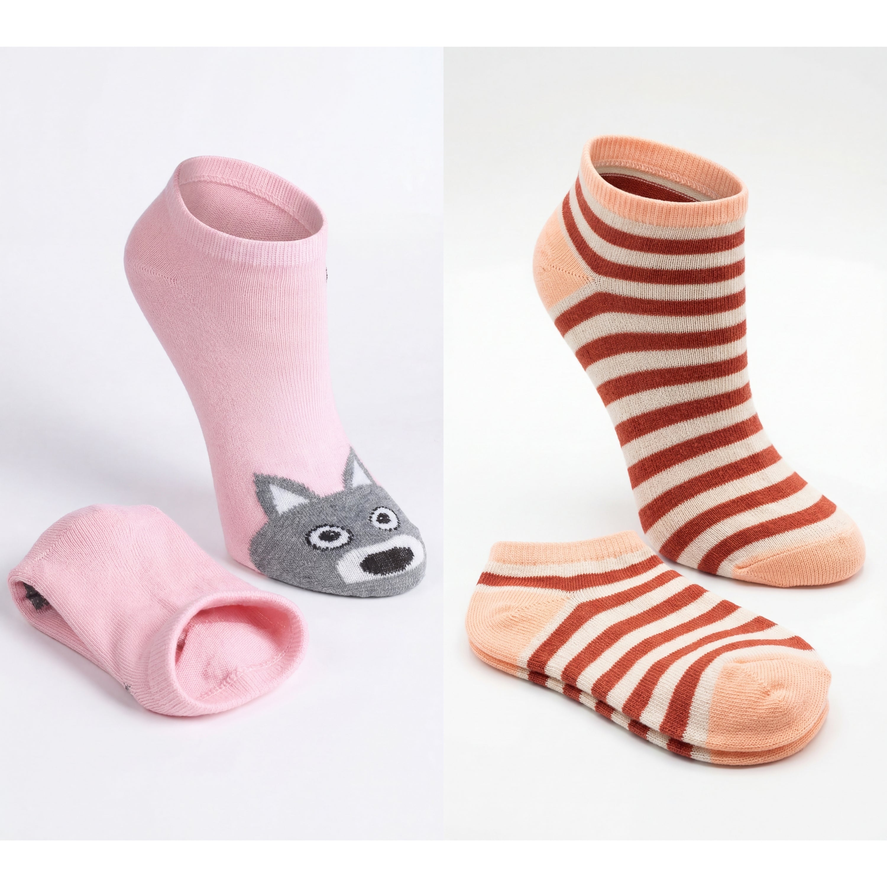 Two pairs of socks, one pink with a wolf design and the other striped, on a white background.