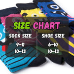 A colorful stack of patterned socks with a large semi-transparent 'SIZE CHART' overlay showing sock size 9-11 and 10-13 paired with shoe size 6-10 and 10-13.