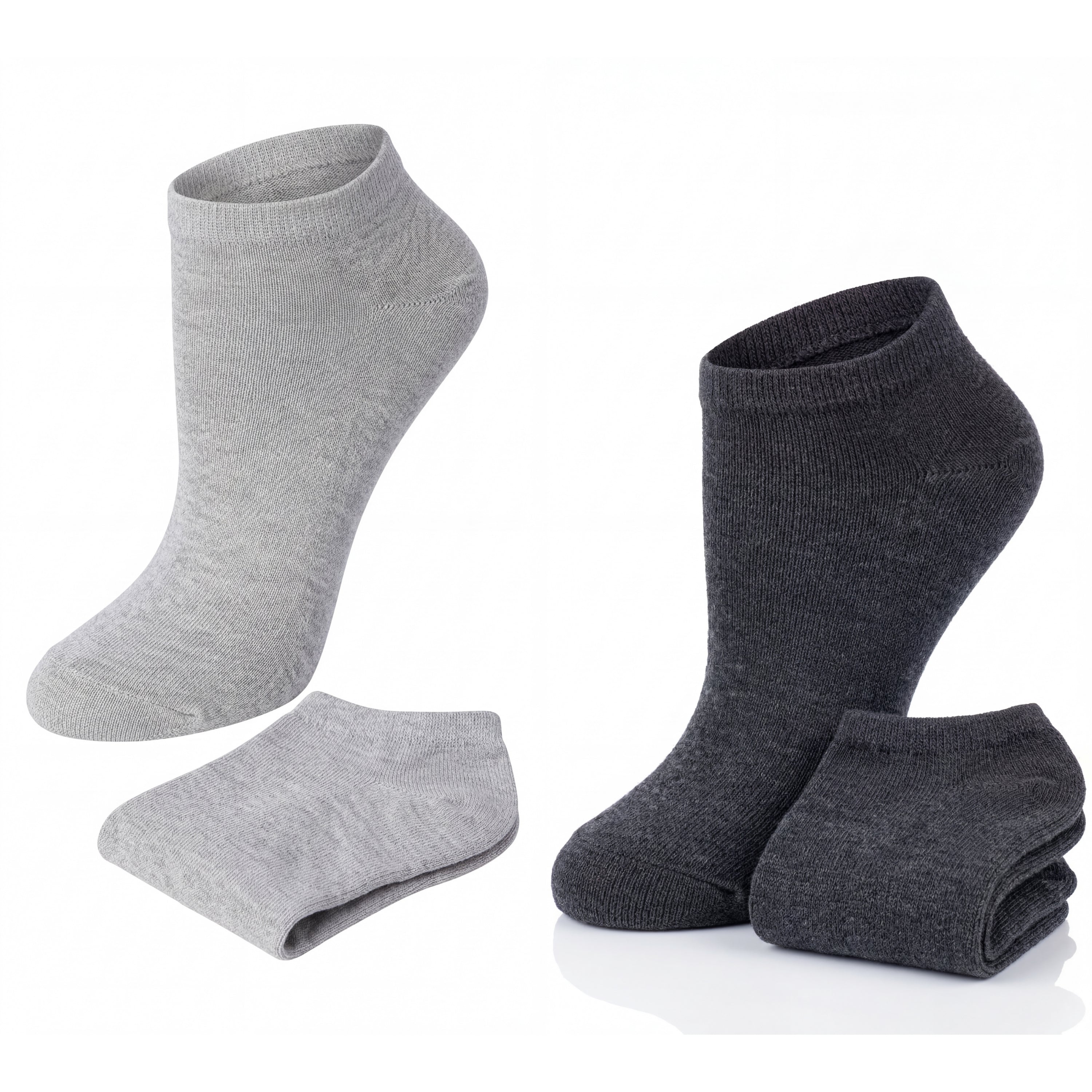 Two pairs of gray and black ankle socks on a white background