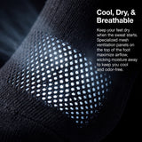 Black sock with mesh ventilation panel on foot, text about cool, dry, and breathable properties.