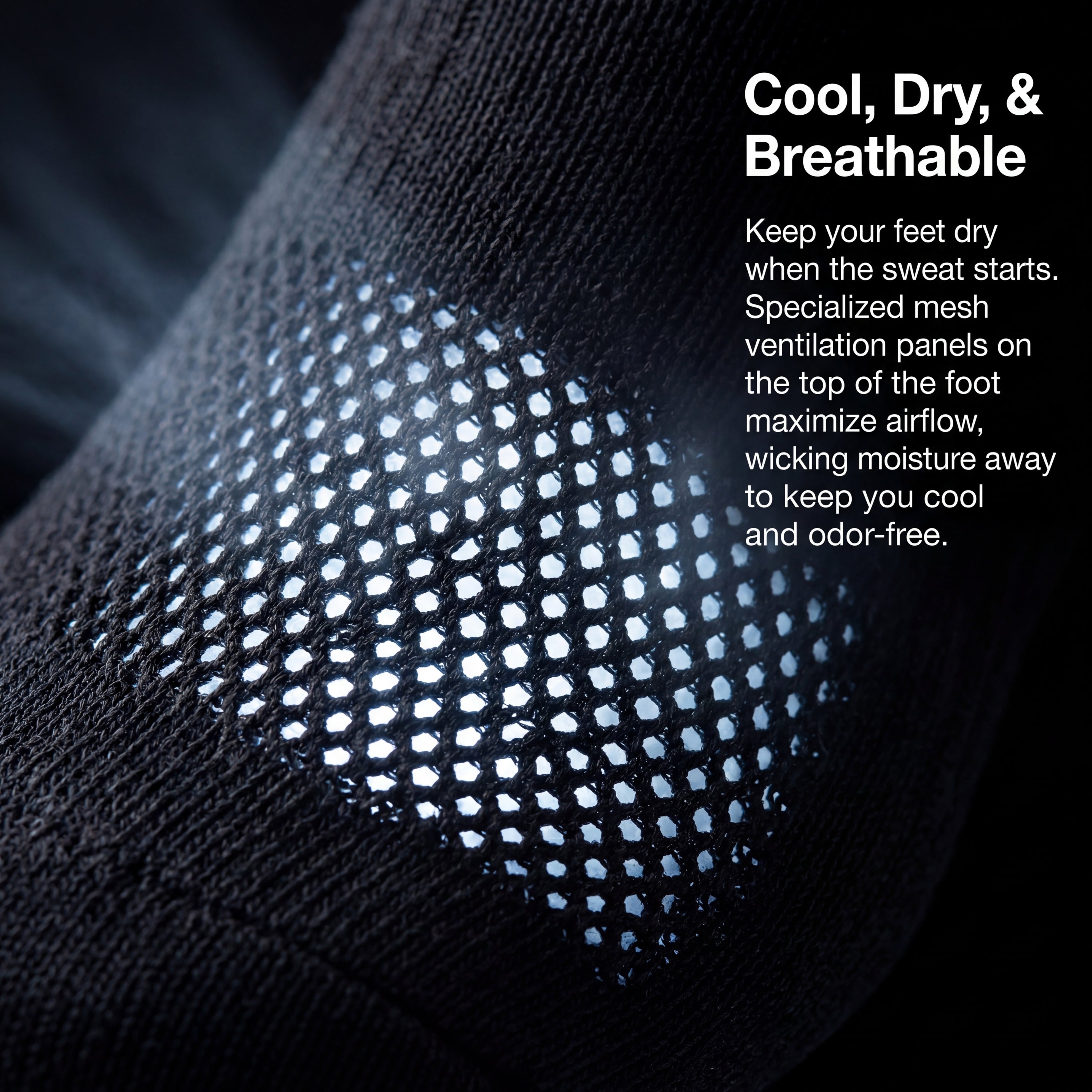 Black sock with mesh ventilation panel on foot, text about cool, dry, and breathable properties.