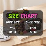 A size chart overlay showing sock size 9-11 / 10-13 paired with shoe size 6-10 / 10-13, placed over folded patterned socks and a white sneaker on a light wood surface.