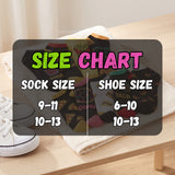 A size chart overlay showing sock size 9-11 / 10-13 paired with shoe size 6-10 / 10-13, placed over folded patterned socks and a white sneaker on a light wood surface.