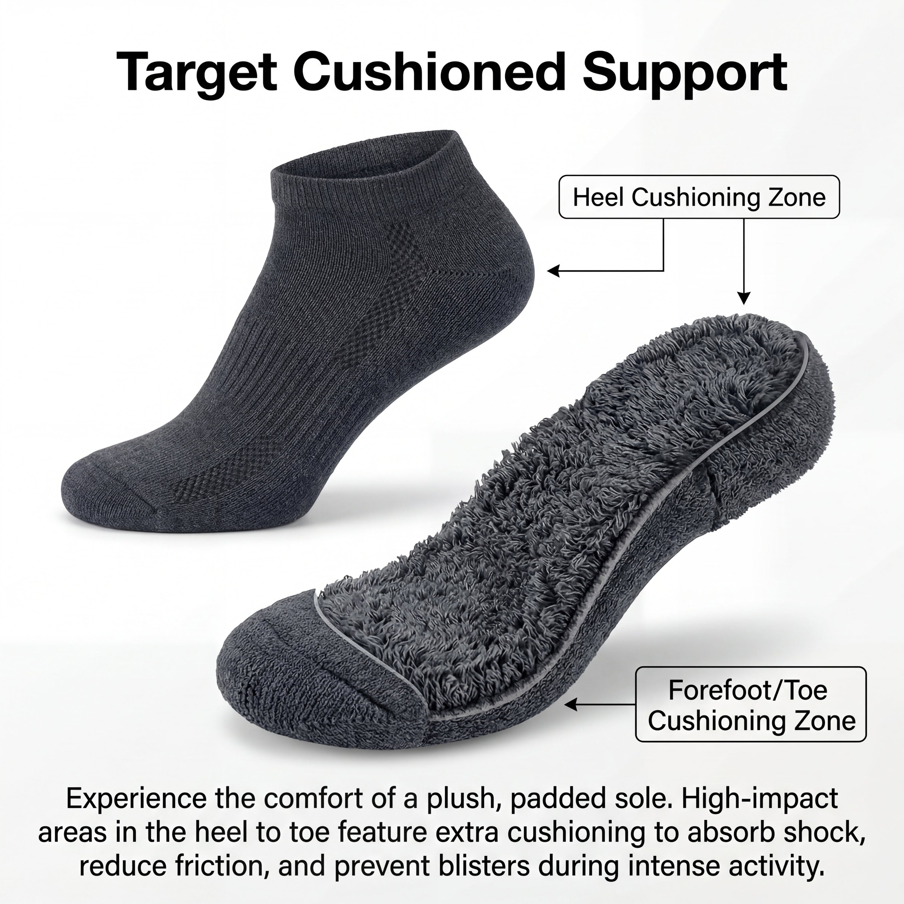 Gray sock with cushioned sole and heel area on a white background