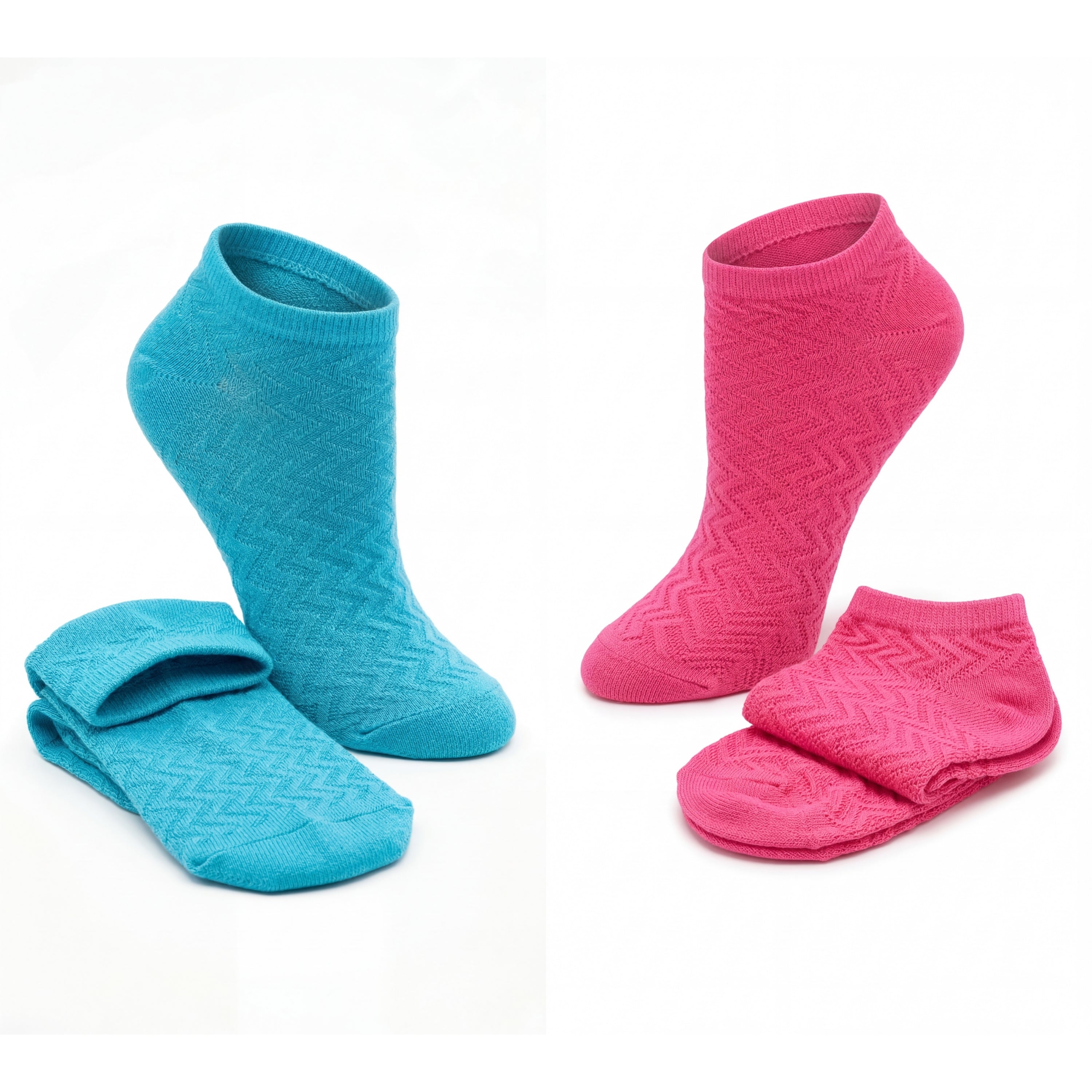 Two pairs of socks, one blue and one pink, on a white background.