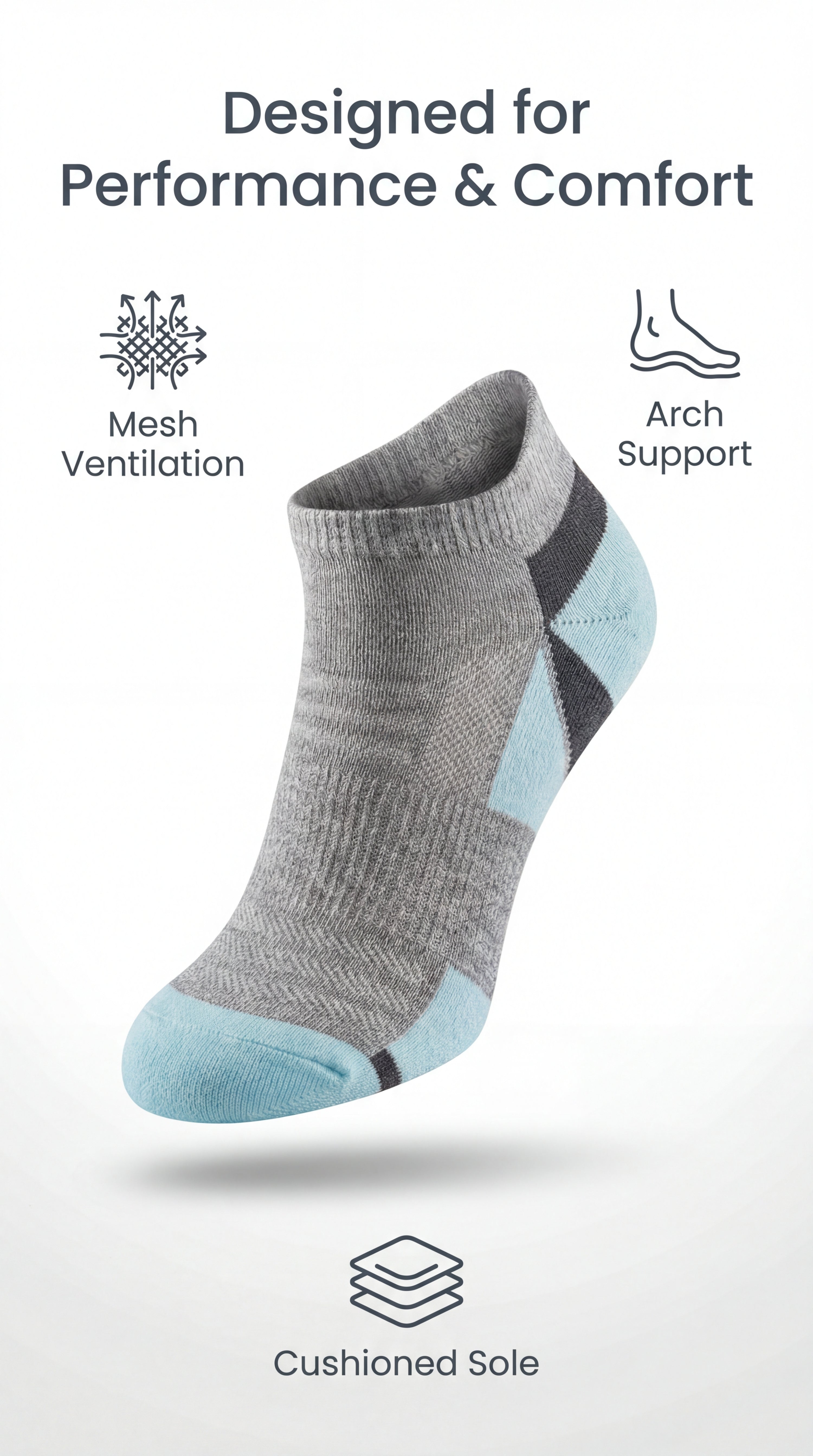 Gray and blue sock with text 'Designed for Performance & Comfort' and icons for mesh ventilation, arch support, and cushioned sole.
