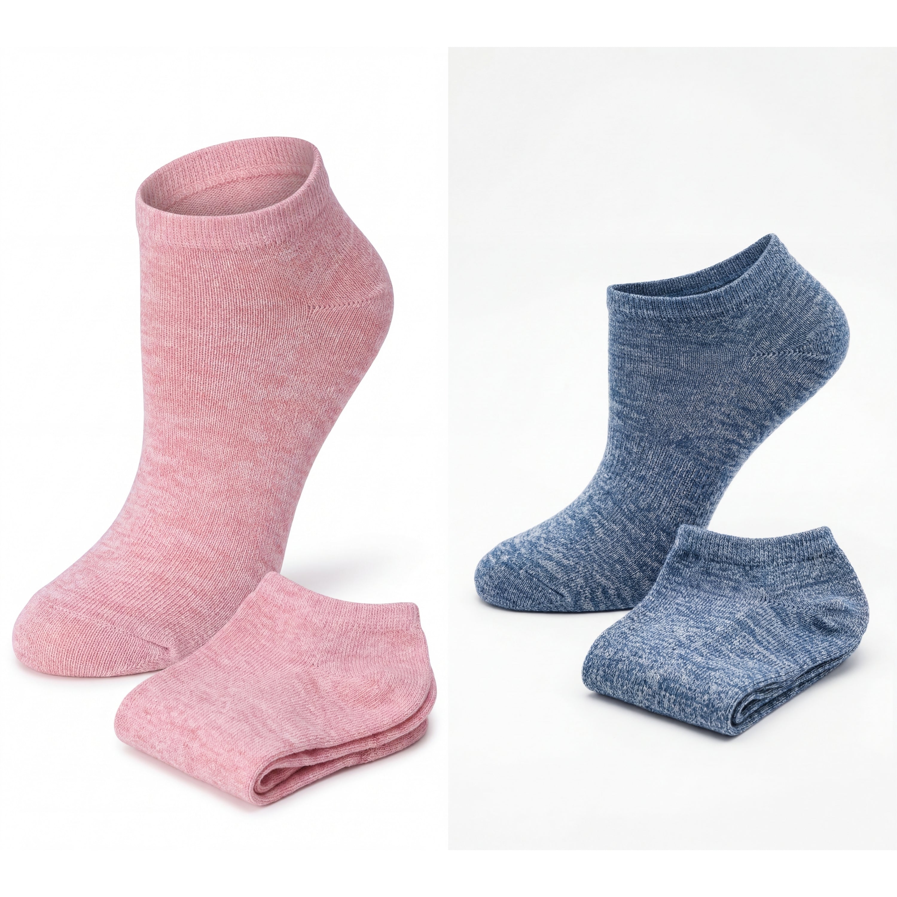 Two pairs of pink and blue socks on a white background