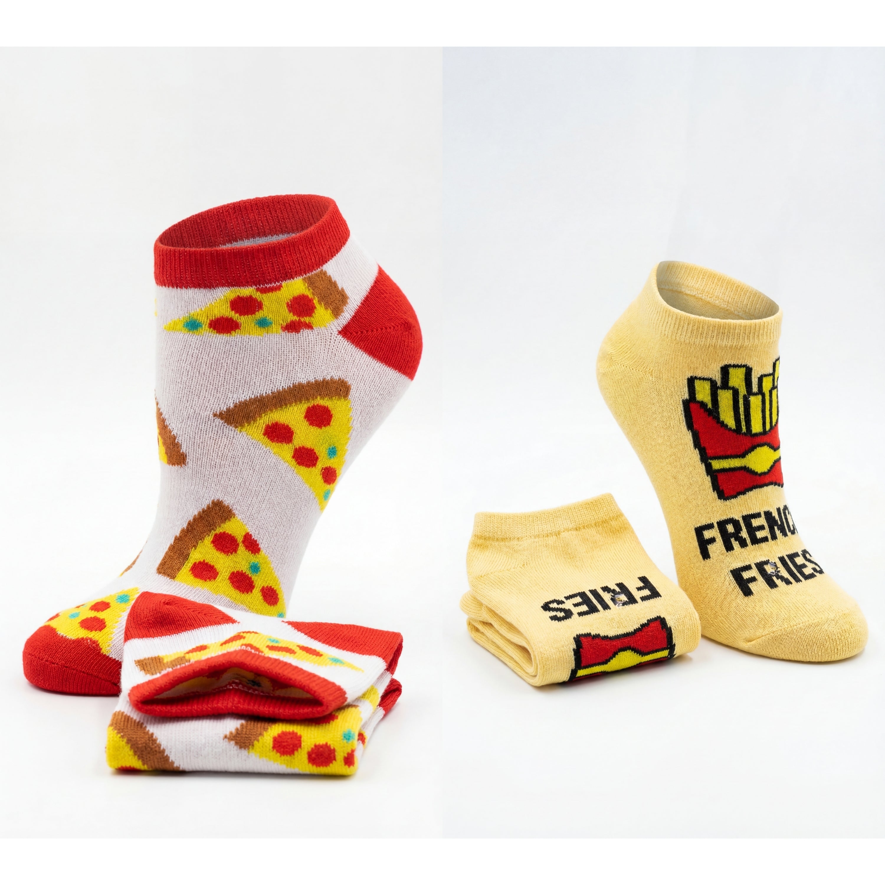 Two pairs of socks with pizza and French fry designs on a white background