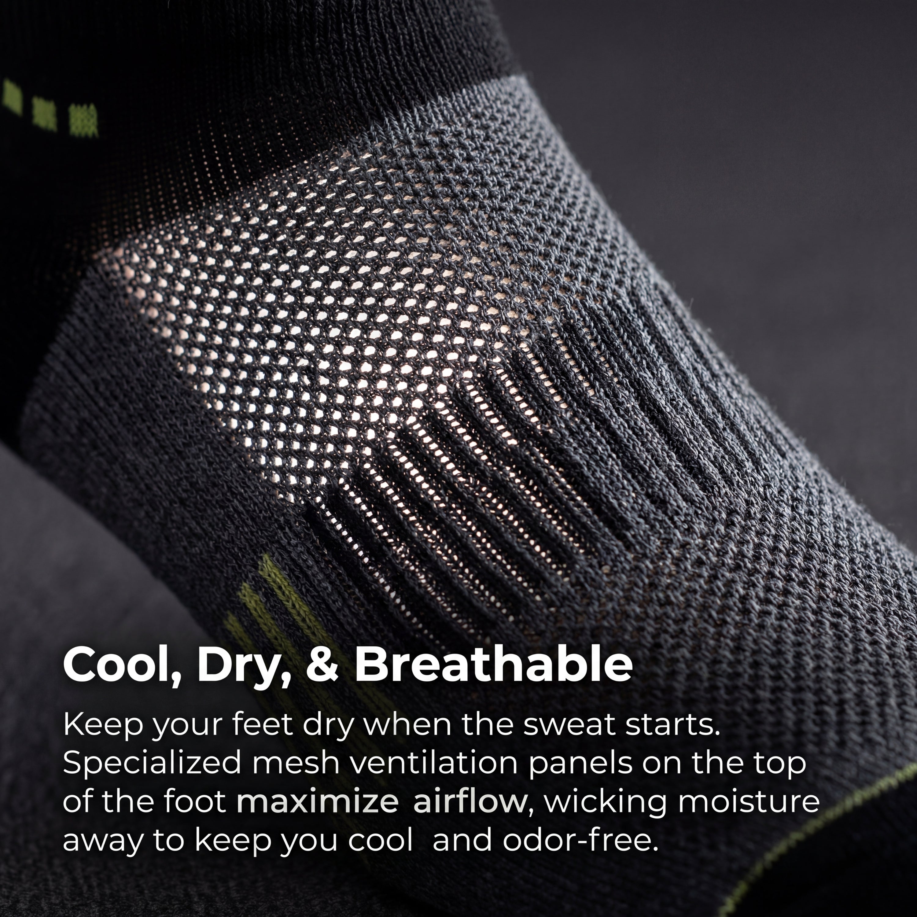 Close-up of a black athletic sock with text highlighting its features.