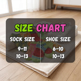 A size chart overlay showing conversions between sock size and shoe size, with illustrated colorful socks in the background on a folded cream towel over a light wood floor.