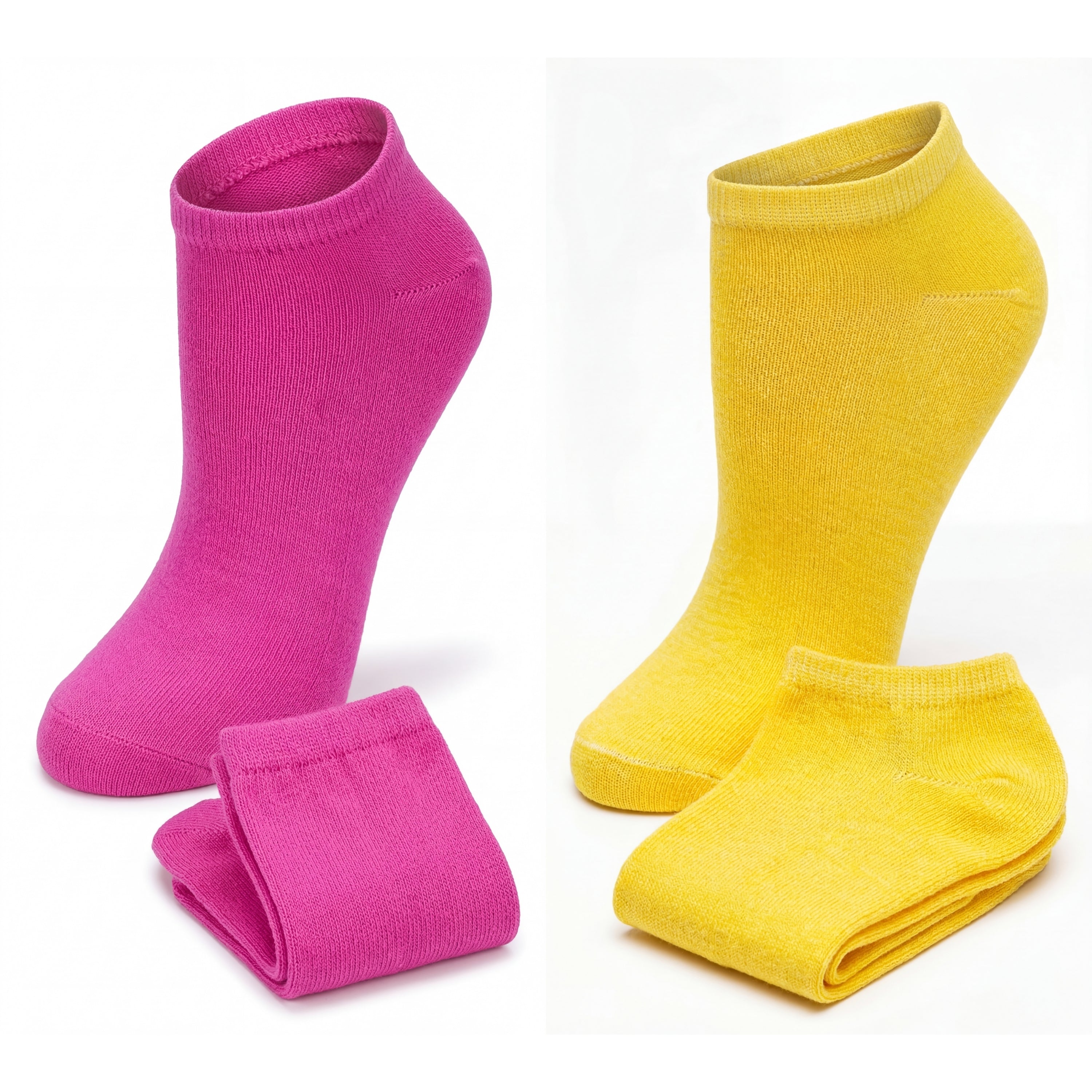 Two pairs of colorful socks, one pink and one yellow, on a white background.