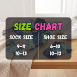 A size chart overlay showing sock and shoe size conversions, placed over a lifestyle background of folded socks on a bed and a white sneaker on a wooden floor.