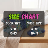 A size chart overlay showing sock and shoe size conversions, placed over a lifestyle background of folded socks on a bed and a white sneaker on a wooden floor.