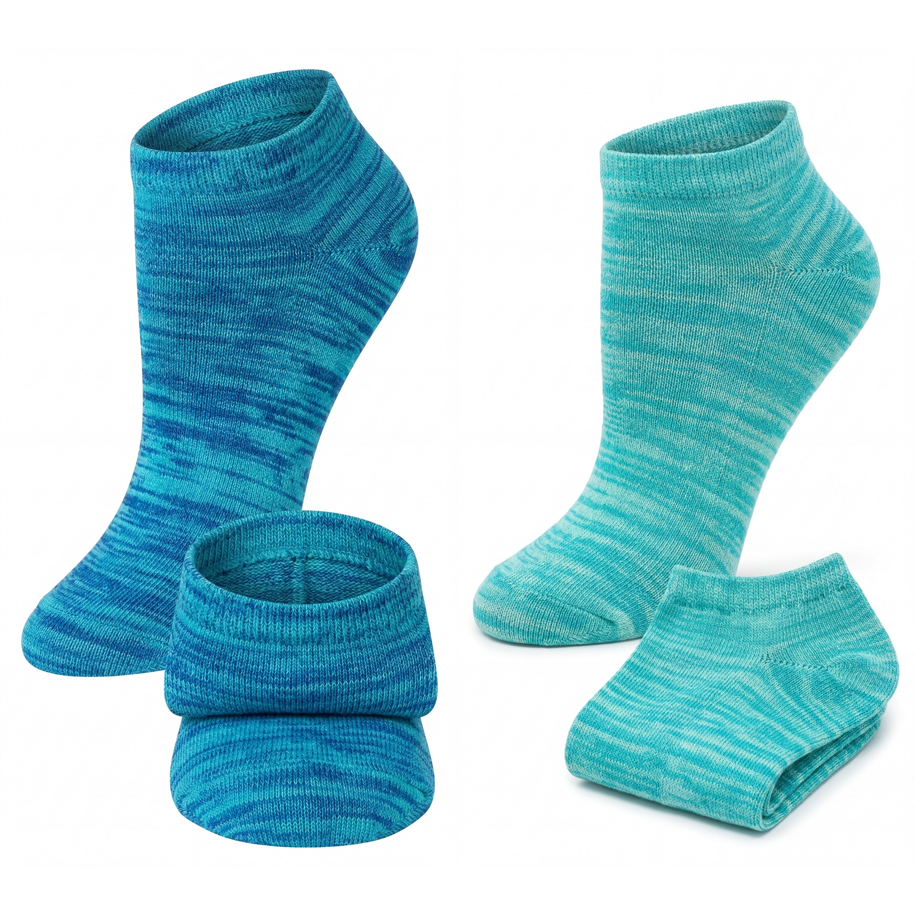 Set of blue and green striped socks on a white background
