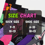 A size chart graphic overlaid on a fan of colorful patterned socks. The text reads 'SIZE CHART' with 'SOCK SIZE' and 'SHOE SIZE' and numeric ranges below.