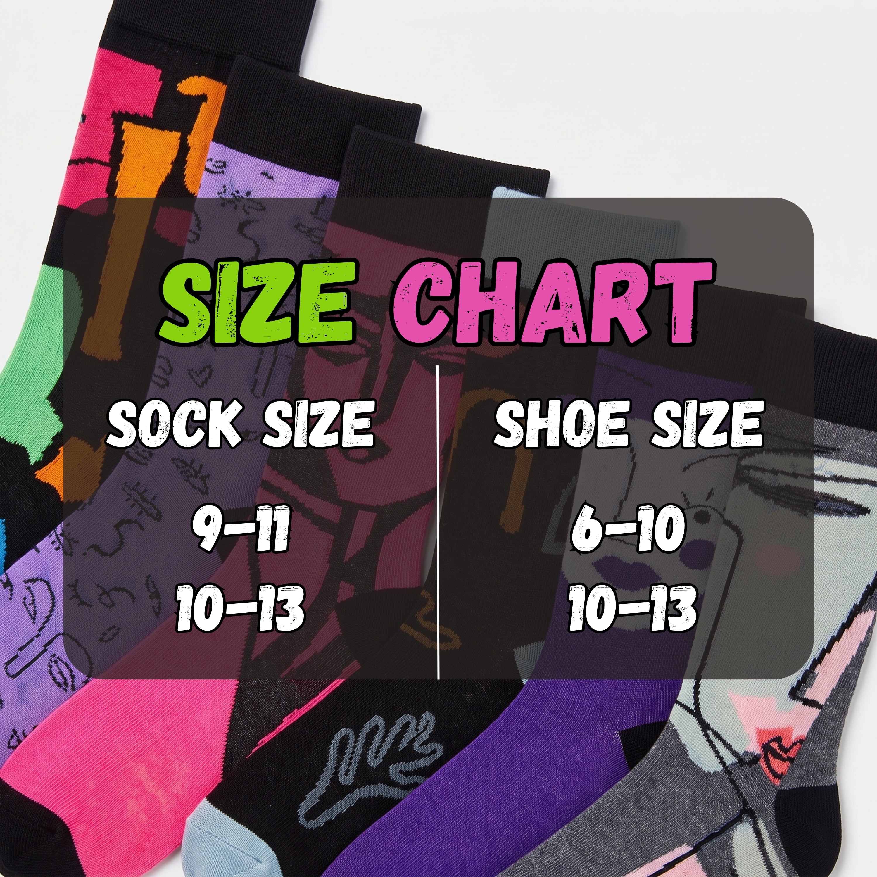 A size chart graphic overlaid on a fan of colorful patterned socks. The text reads 'SIZE CHART' with 'SOCK SIZE' and 'SHOE SIZE' and numeric ranges below.