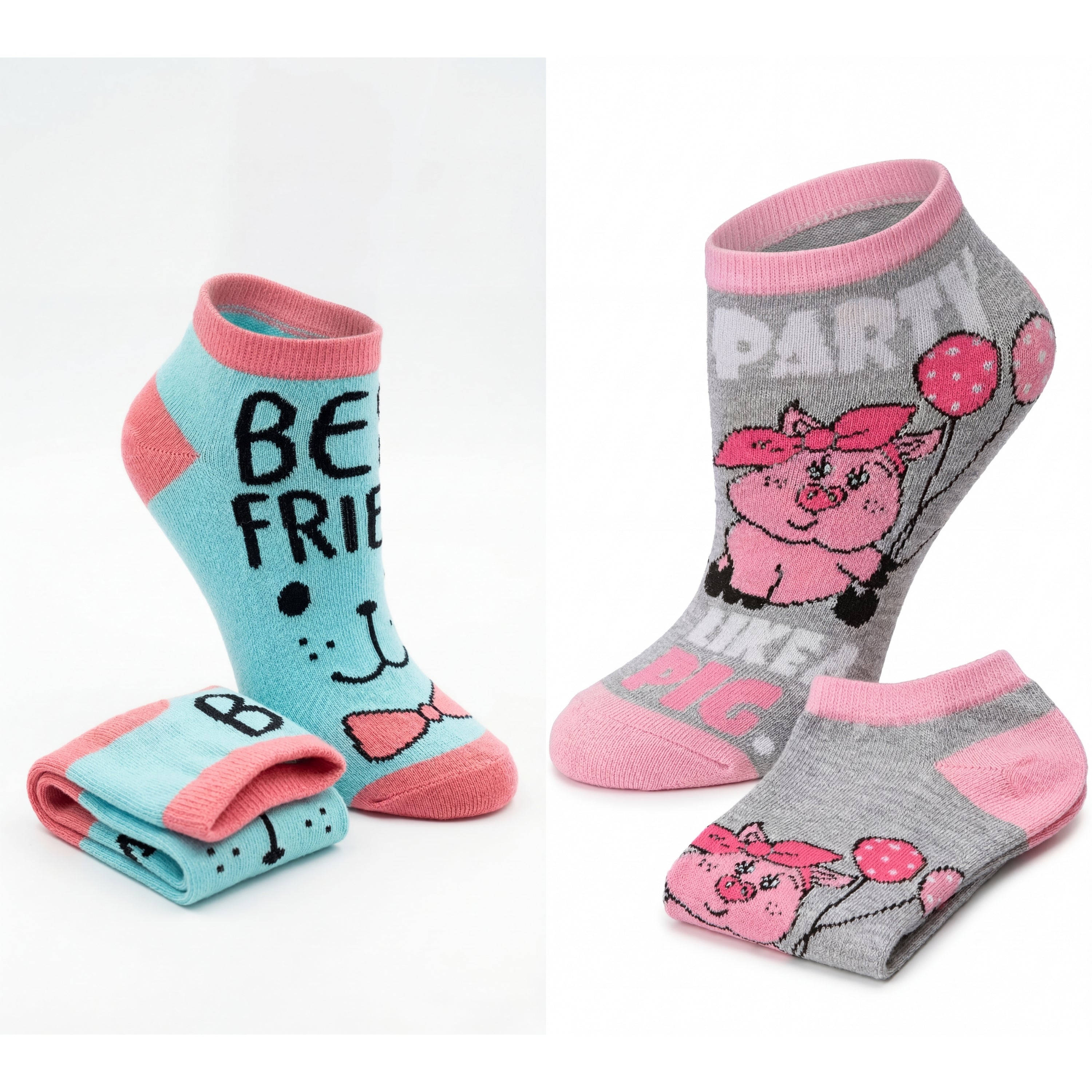 Two pairs of socks with cartoon designs on a white background