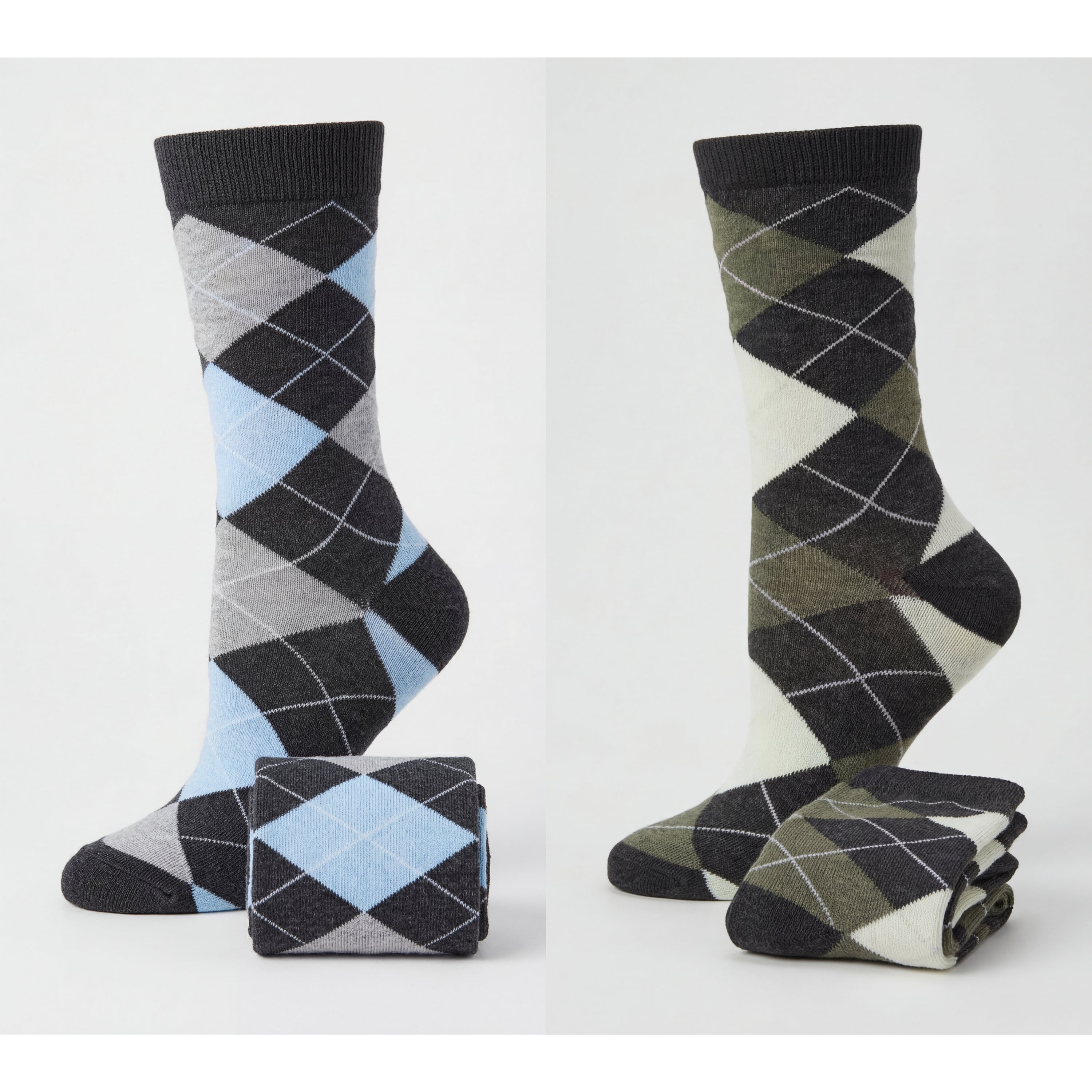 Two pairs of argyle patterned socks on a white background