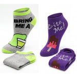 Two pairs of socks with humorous text and graphics on a white background