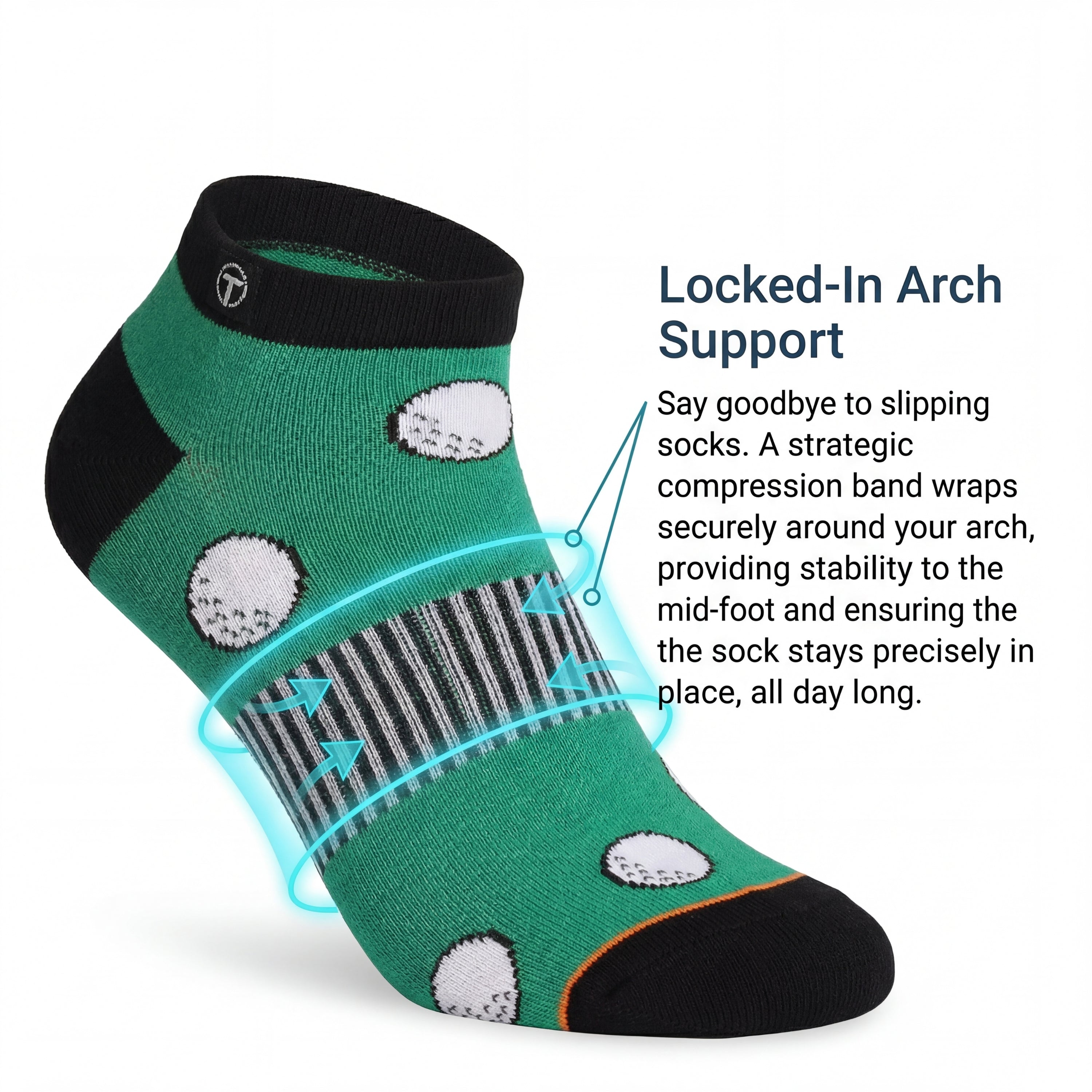 Green sock with black accents and golf ball pattern, featuring text about locked-in arch support.