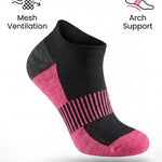 Black and pink sock with text highlighting features on a white background