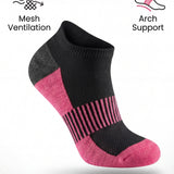 Black and pink sock with text highlighting features on a white background