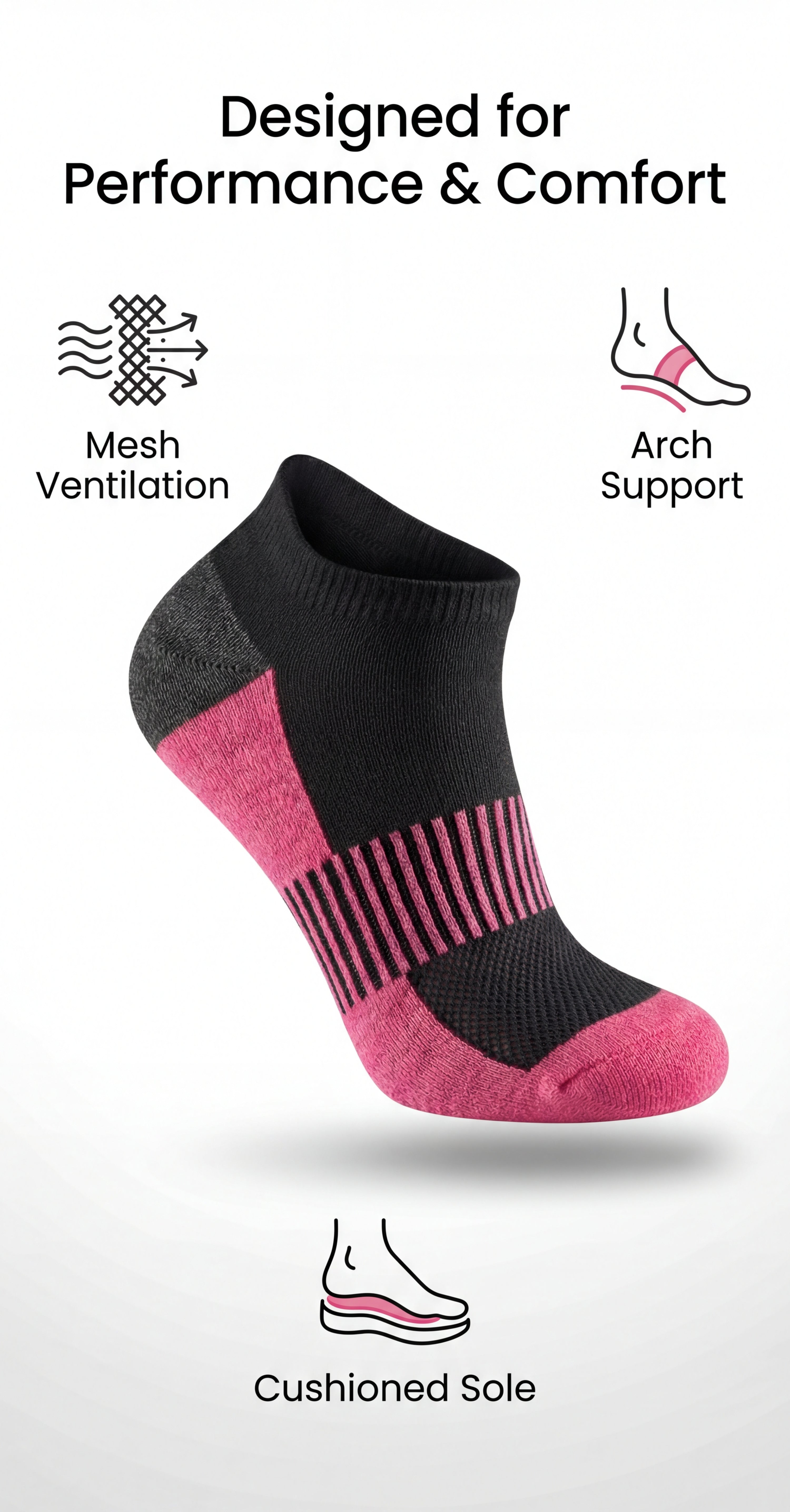 Black and pink sock with text highlighting features on a white background