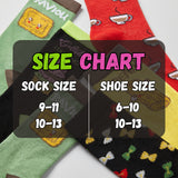 A size chart graphic overlaid on four colorful patterned socks. The text reads 'SIZE CHART' with 'SOCK SIZE' and 'SHOE SIZE' and size ranges '9-11', '10-13', '6-10', and '10-13'.