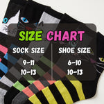A size chart graphic overlaid on several ankle socks with cat-face and striped patterns. The chart reads 'SIZE CHART' with 'SOCK SIZE' and 'SHOE SIZE' and lists 9-11, 10-13, and 6-10/10-13.