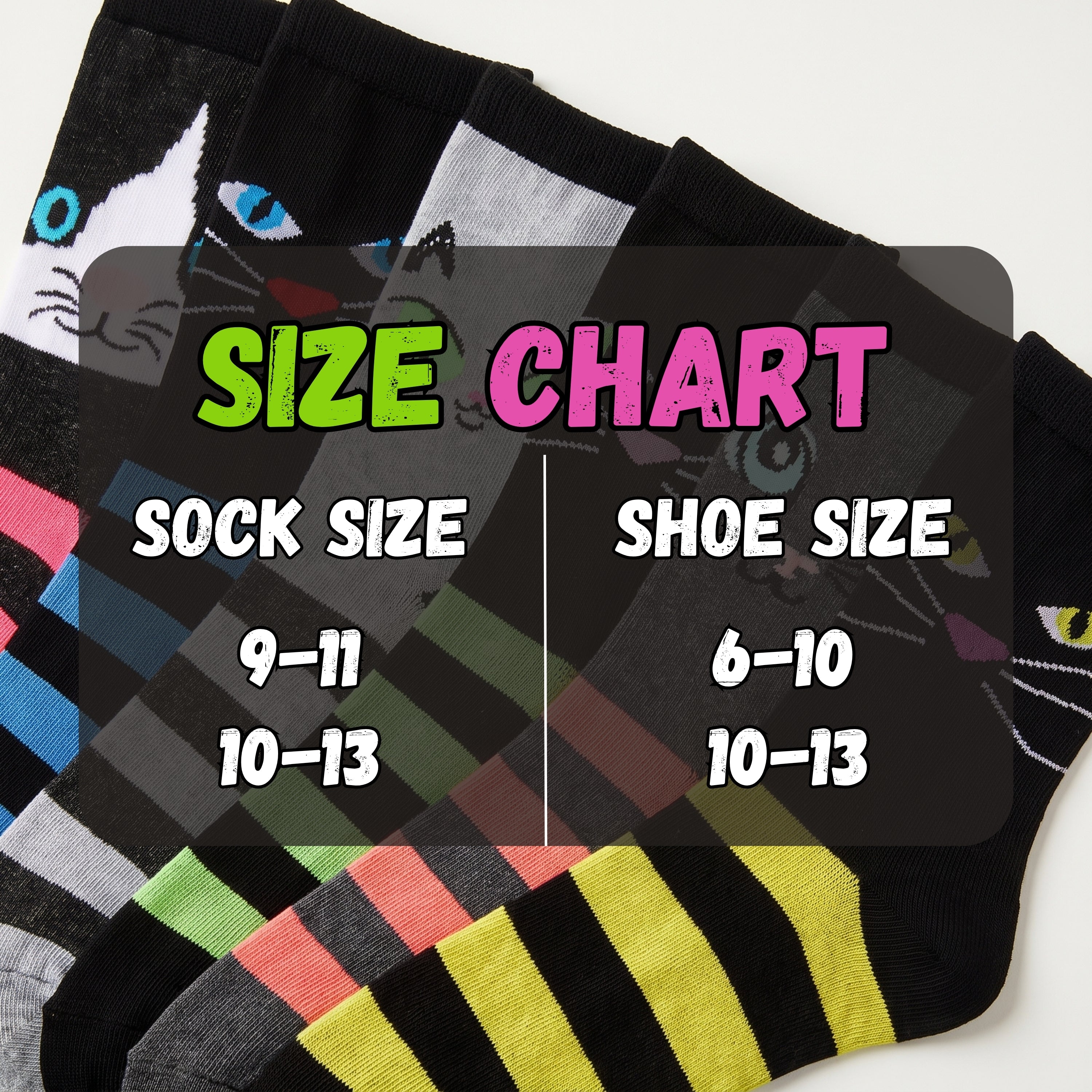 A size chart graphic overlaid on several ankle socks with cat-face and striped patterns. The chart reads 'SIZE CHART' with 'SOCK SIZE' and 'SHOE SIZE' and lists 9-11, 10-13, and 6-10/10-13.