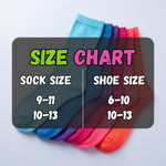 A colorful sock size chart graphic showing folded ankle socks in multiple colors behind text that reads 'SIZE CHART' with 'SOCK SIZE 9-11 10-13' and 'SHOE SIZE 6-10 10-13'.