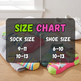 A size chart graphic overlaid on a styled product photo showing folded and worn colorful socks and a white sneaker on a wooden floor. The chart reads 'SIZE CHART' with 'SOCK SIZE 9-11, 10-13' and 'SHOE SIZE 6-10, 10-13'.