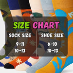 A size chart graphic for socks showing a side-by-side comparison of sock size and shoe size ranges. The background features several colorful patterned socks fanned out, with a dark translucent overlay in the center containing the text 'SIZE CHART' and sizing information.
