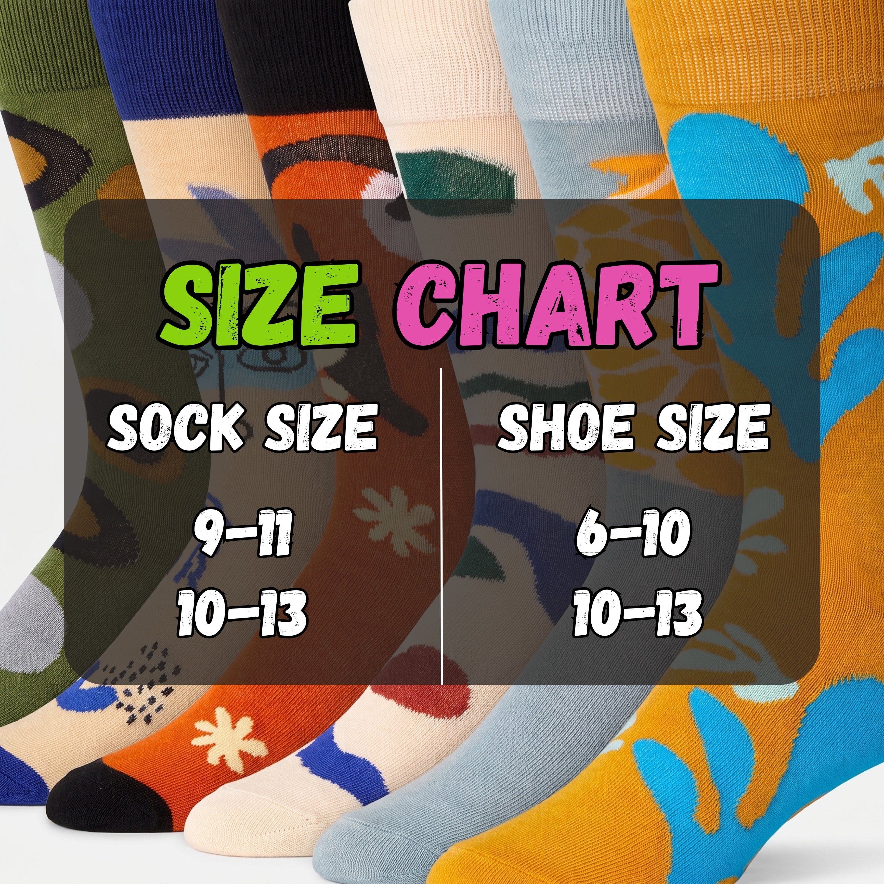 A size chart graphic for socks showing a side-by-side comparison of sock size and shoe size ranges. The background features several colorful patterned socks fanned out, with a dark translucent overlay in the center containing the text 'SIZE CHART' and sizing information.
