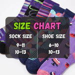 A size chart graphic overlaid on several colorful patterned socks. The chart reads 'SIZE CHART' with 'SOCK SIZE' mapped to 9-11 and 10-13, and 'SHOE SIZE' mapped to 6-10 and 10-13.