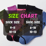 A size chart graphic showing multiple pairs of socks in different colors fanned out behind large text that reads 'SIZE CHART' with 'SOCK SIZE 9-11 10-13' and 'SHOE SIZE 6-10 10-13'.