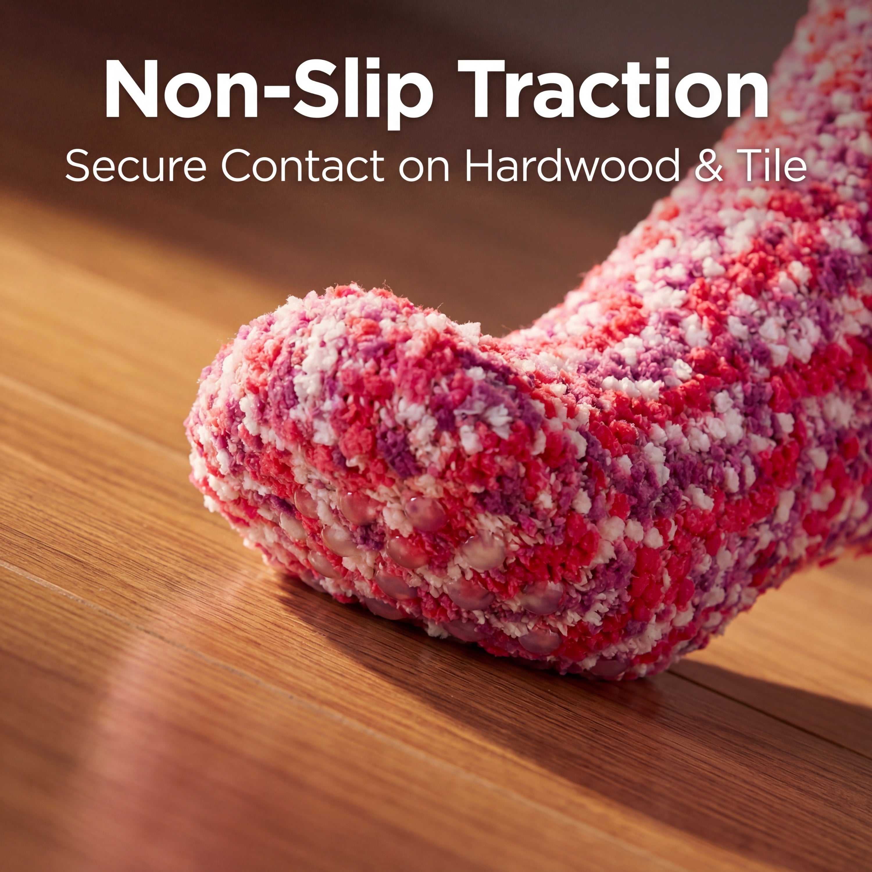 Red and white textured sock on a wooden floor with text 'Non-Slip Traction' and 'Secure Contact on Hardwood & Tile'.