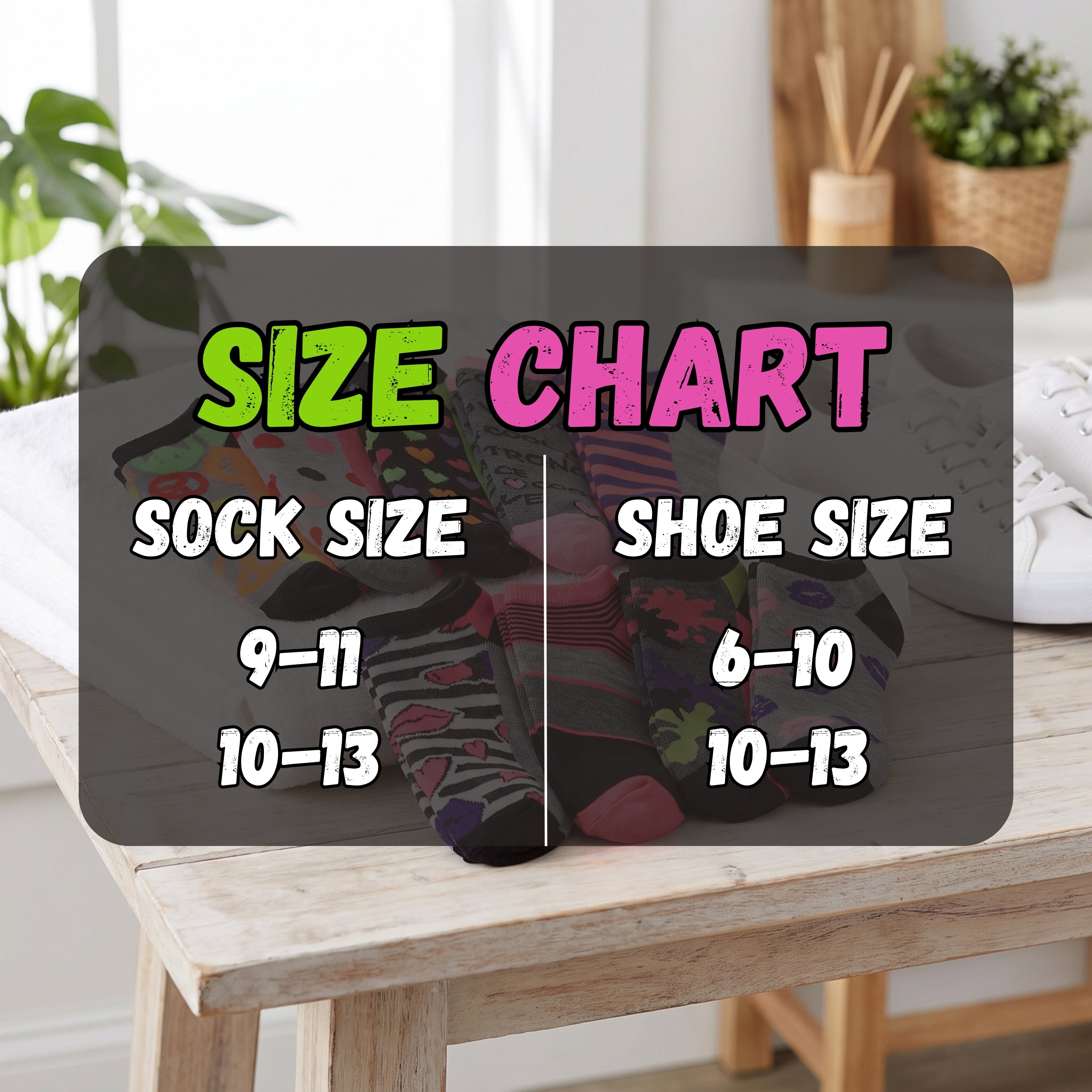 A size chart overlay showing sock size and shoe size conversions, placed over a folded pair of patterned socks on a wooden table in a bright indoor setting.